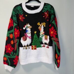 Holiday Time Christmas Llama Poinsettia Ugly Sweater Sequin Pom Pom Unisex Large